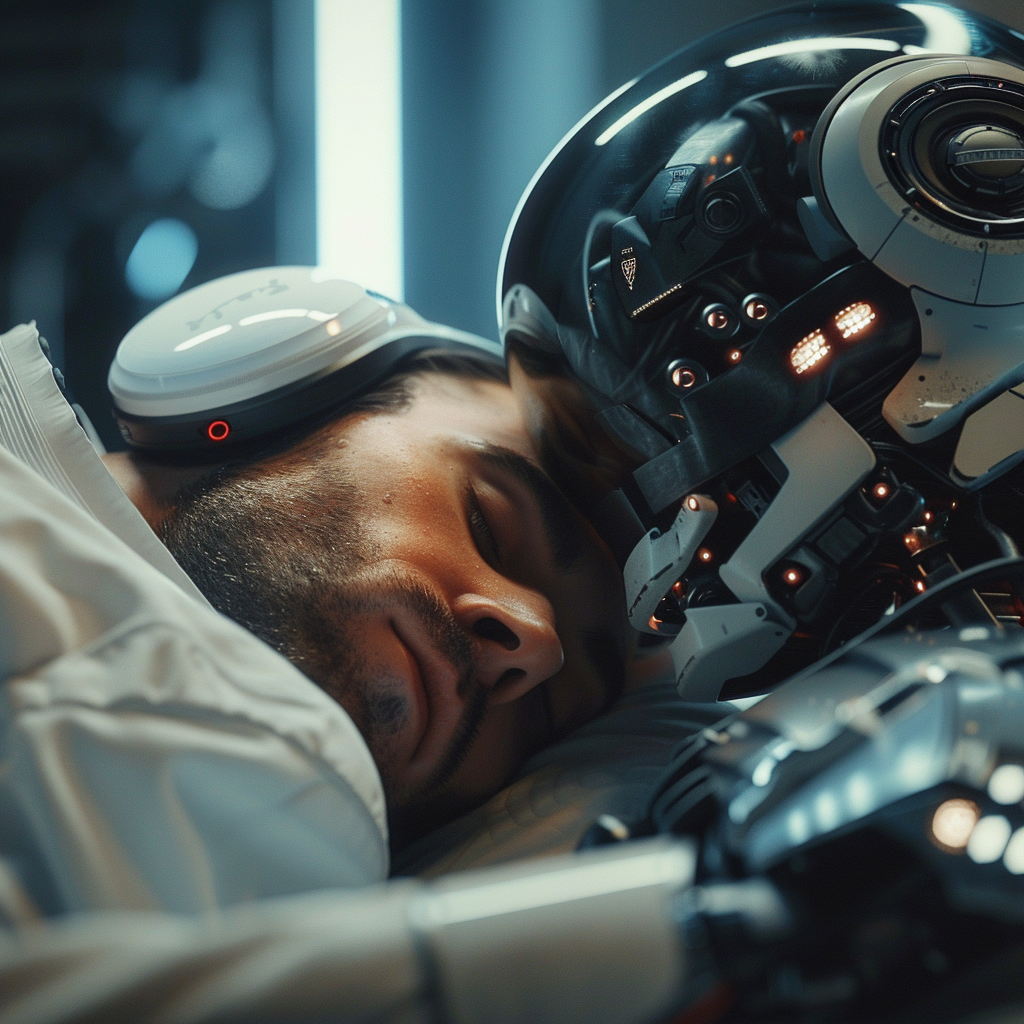 Man Sleeping AI Robot Surveillance