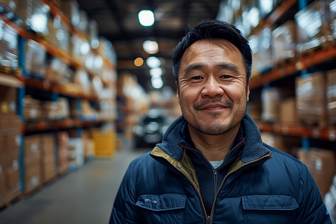 Man smiling in warehouse with car