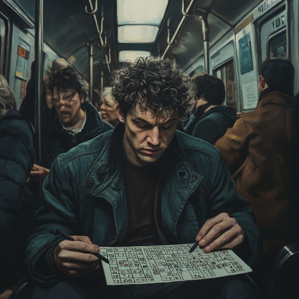 Man solving crossword on train