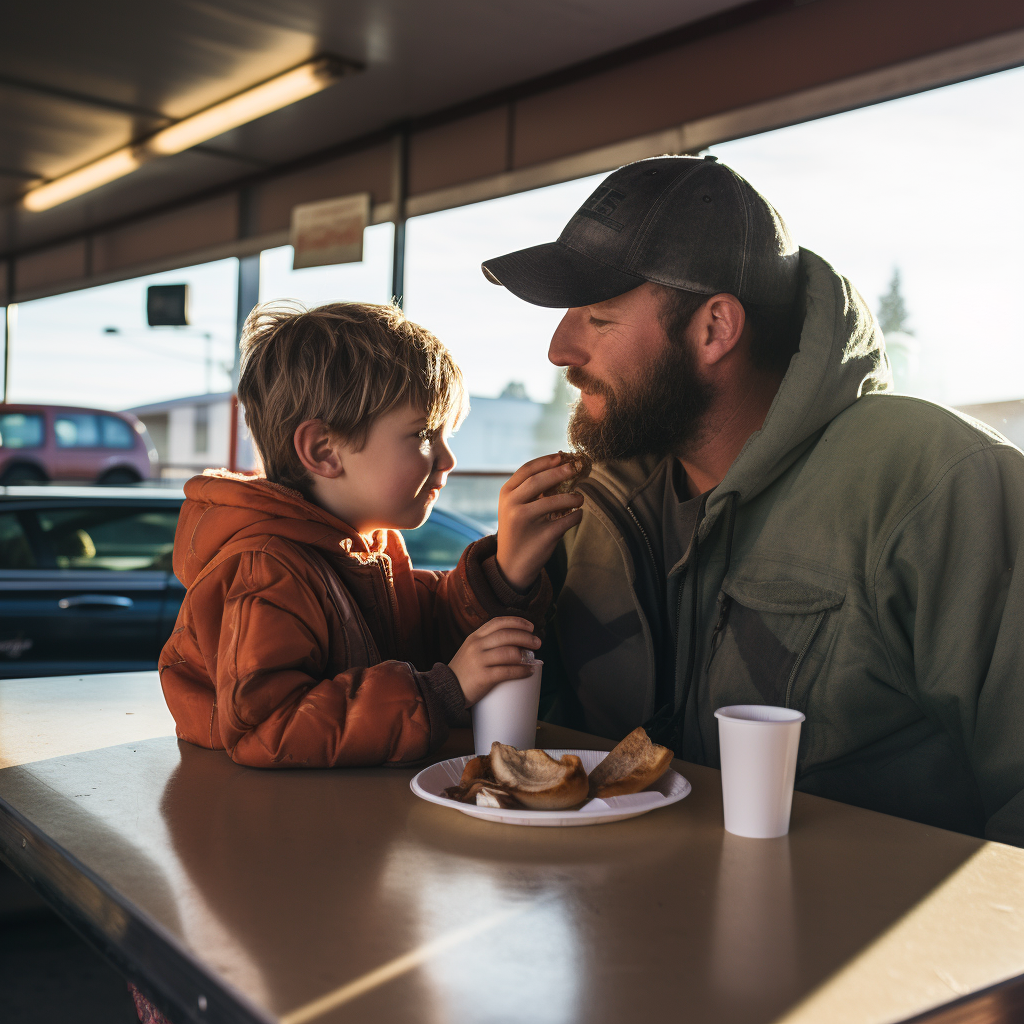 Father and Son Enjoying Breakfast at a Truck Stop