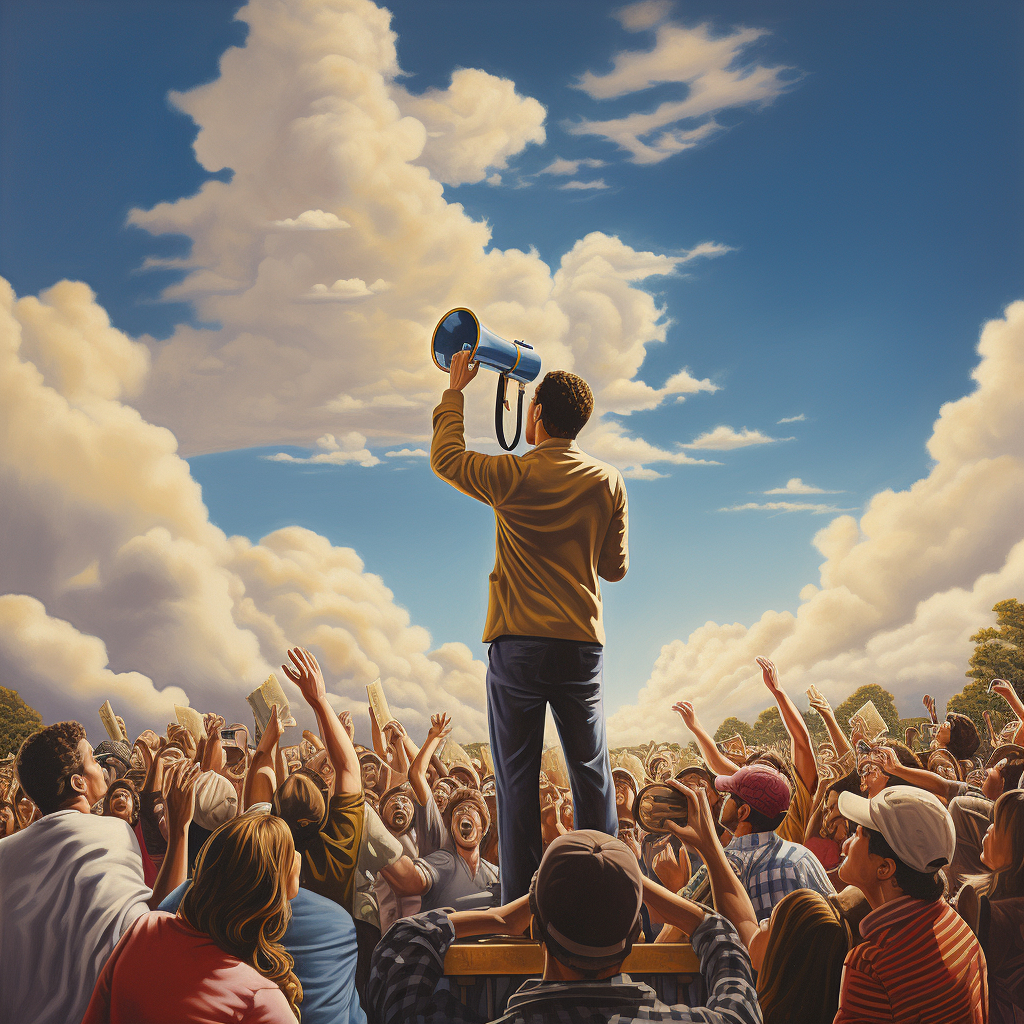 Man speaking to crowd with golden megaphone