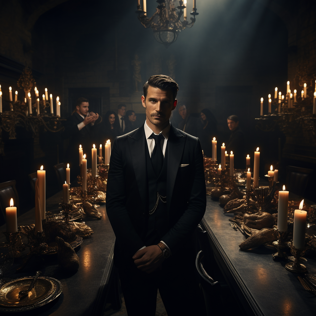 Man in black outfit at candlelit dinner table