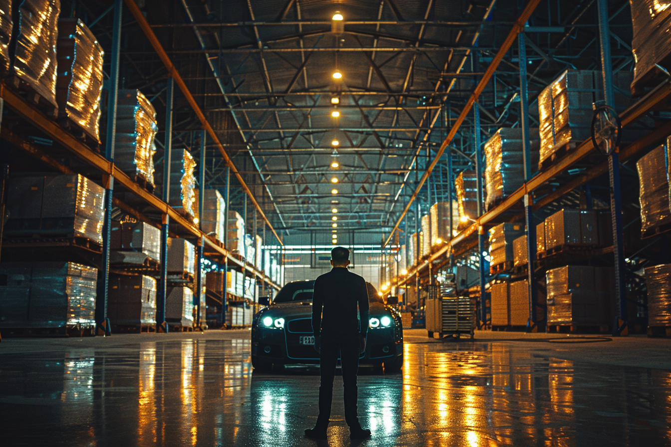 Man Standing Car Warehouse Night