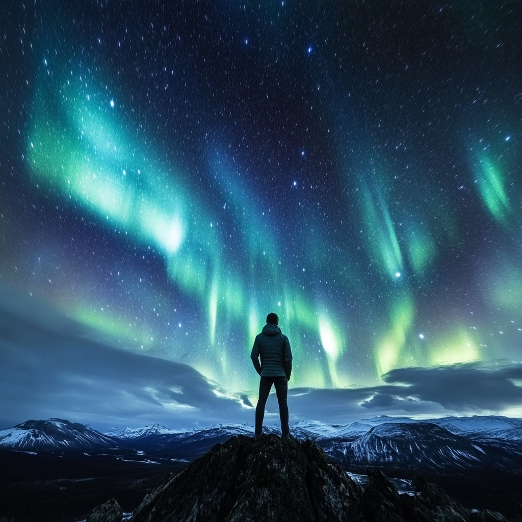 Man on Cliff Aurora Image