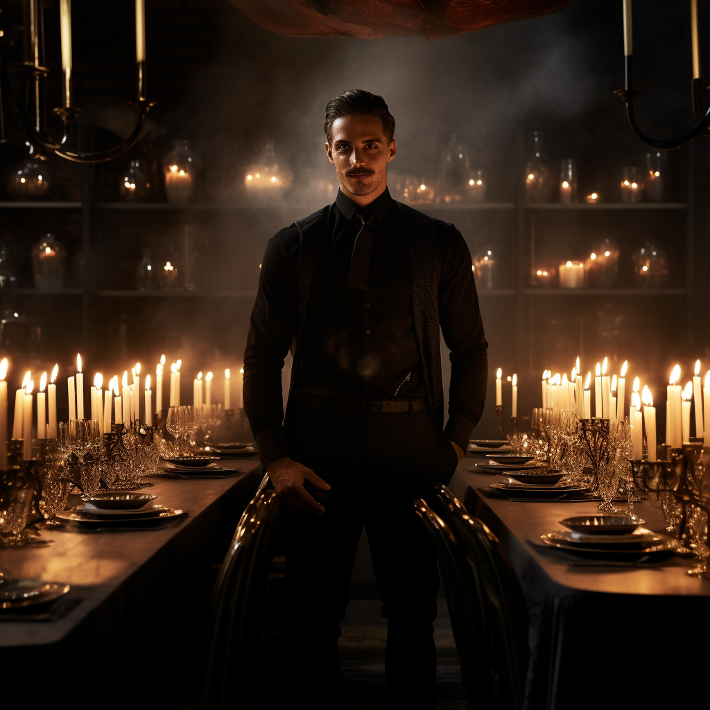 Glamorous man holding torch at dinner table