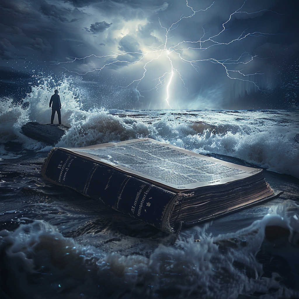 Man on Giant Bible in Storm