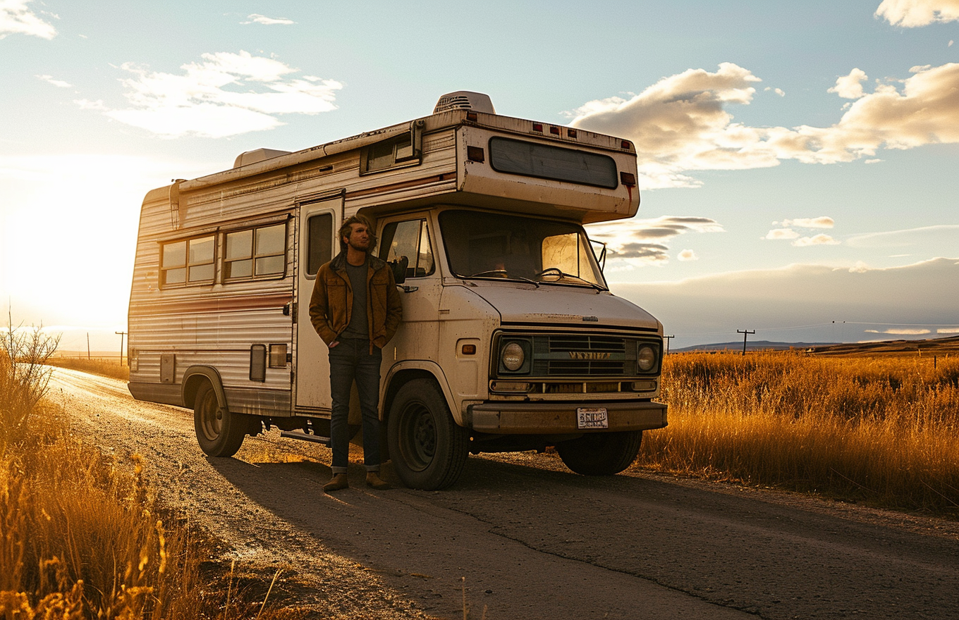 Man standing in front of 1970s RV on rural highway