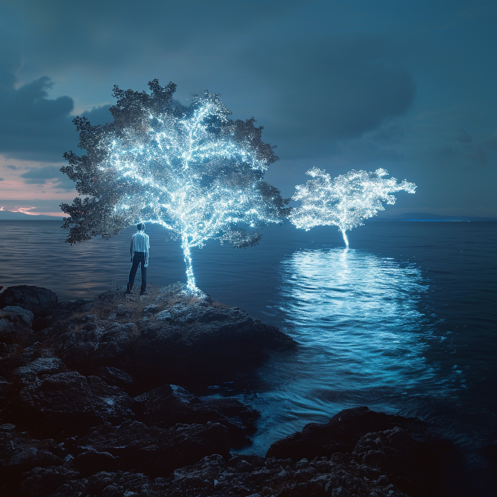 Man standing near light tree and ocean