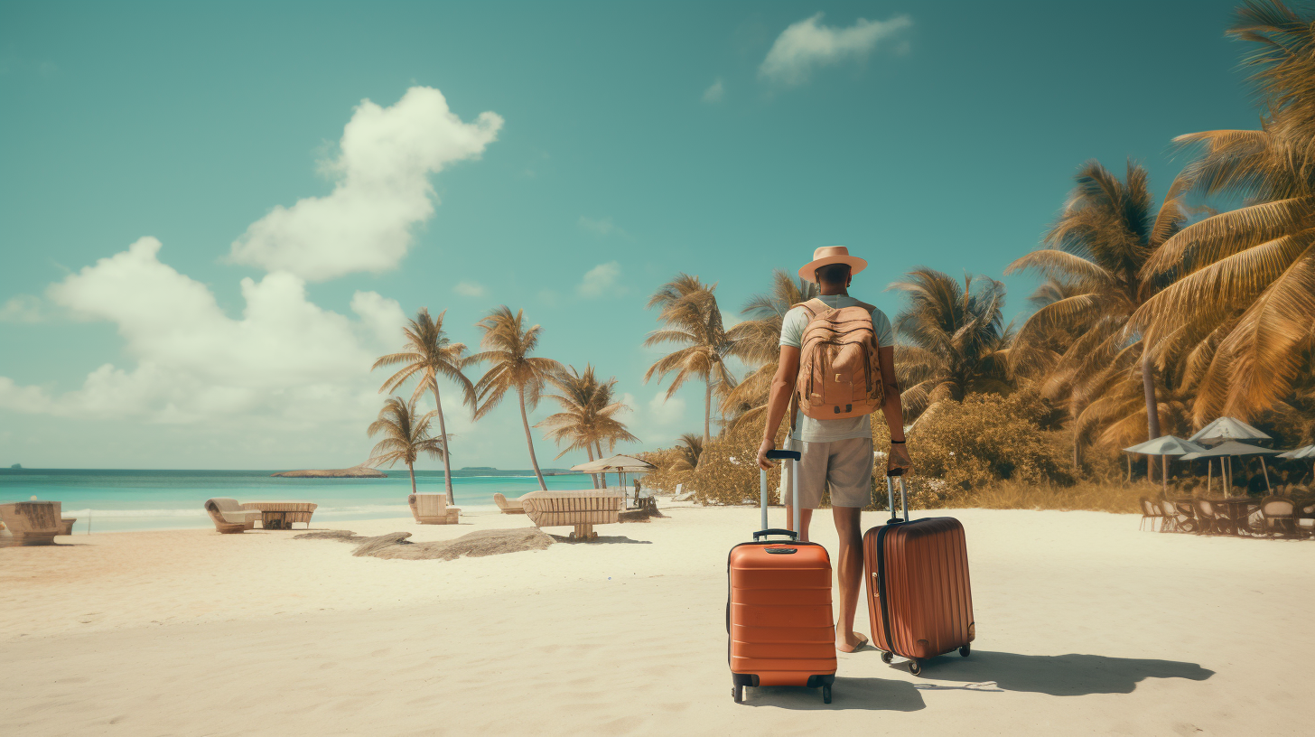 Man Standing with Luggage near Beach Resort