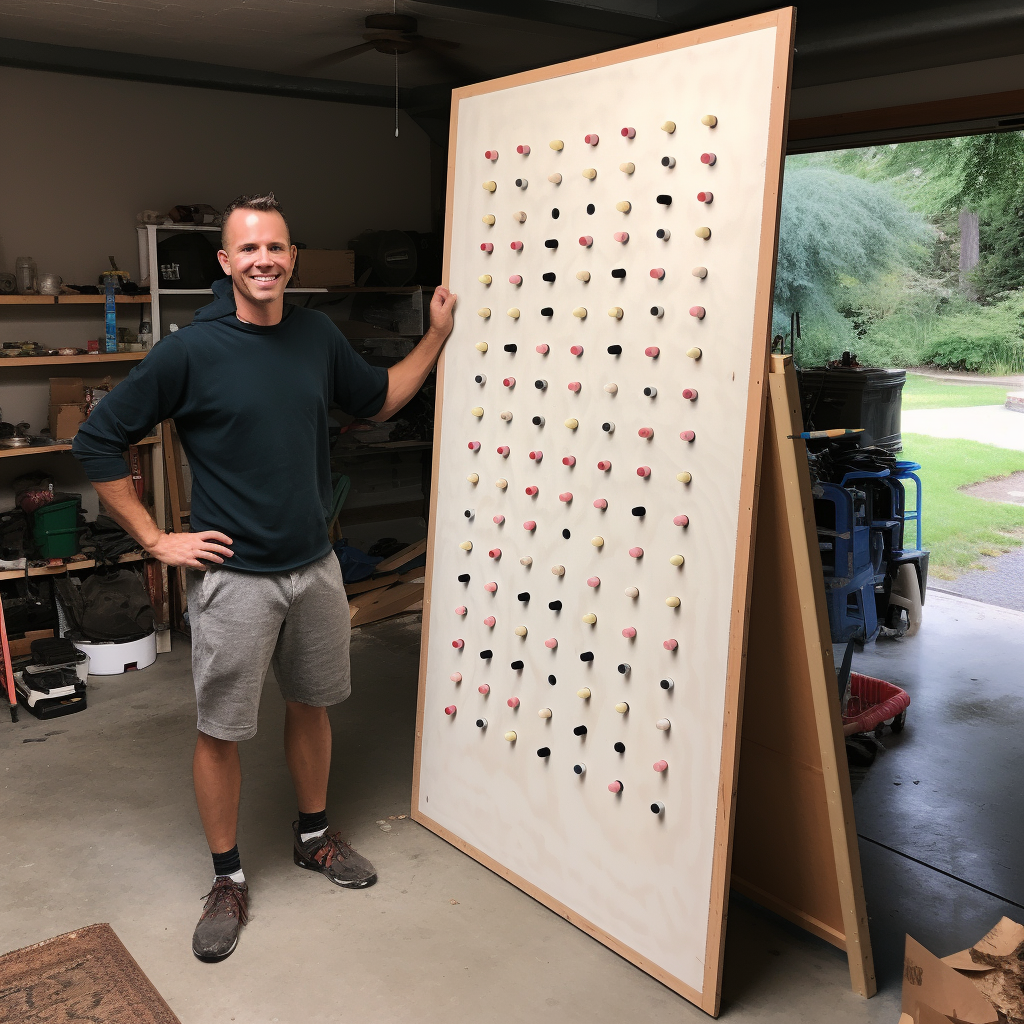 Man standing next to DIY Plinko board