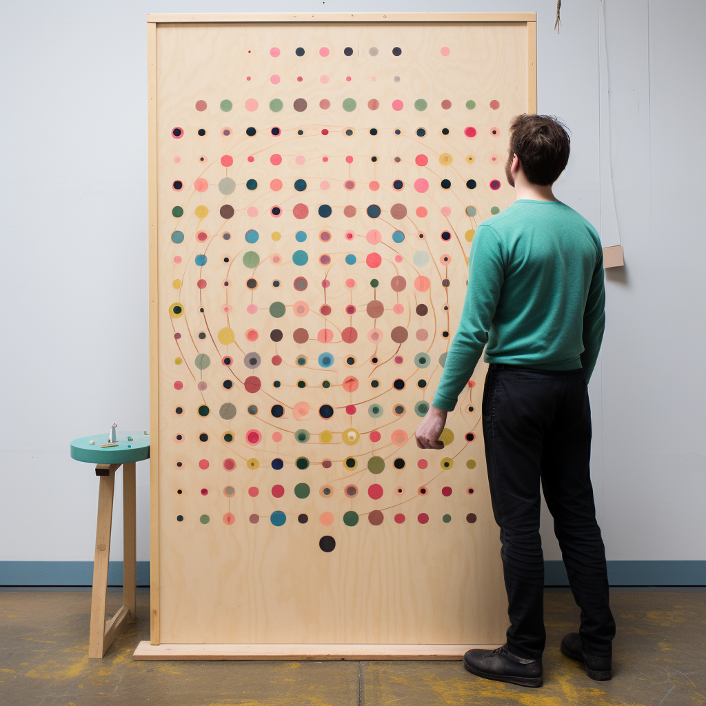 man with DIY plinko board