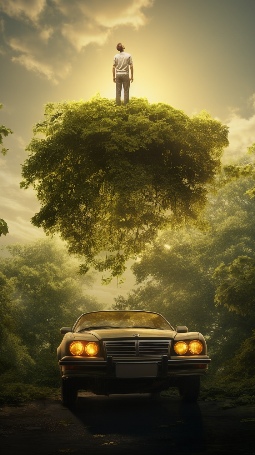 Man on Car Reaching High with Sunlight