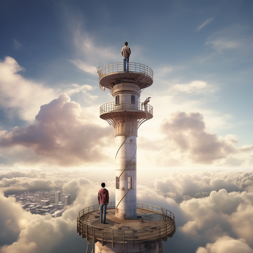 Man Standing on Tall Tower Roof with Airplane Below