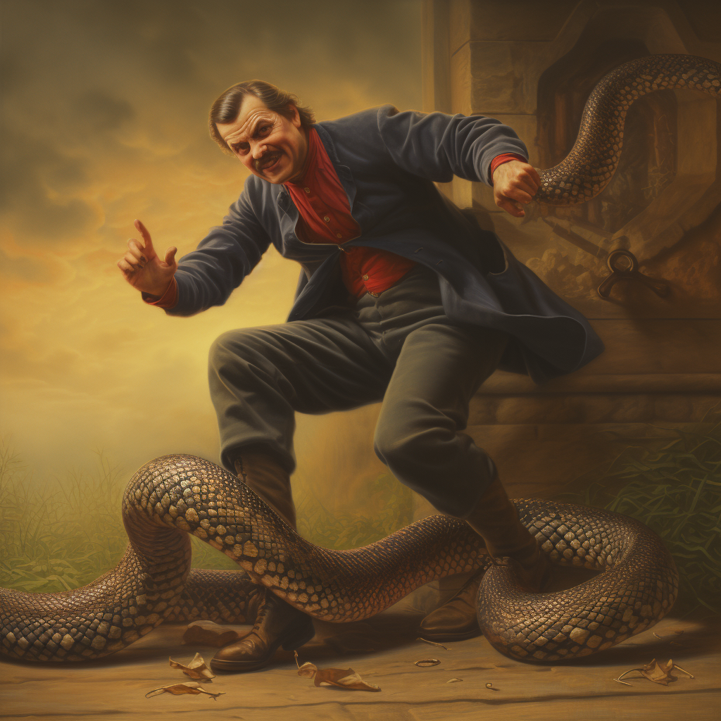 Man stepping on fat snake