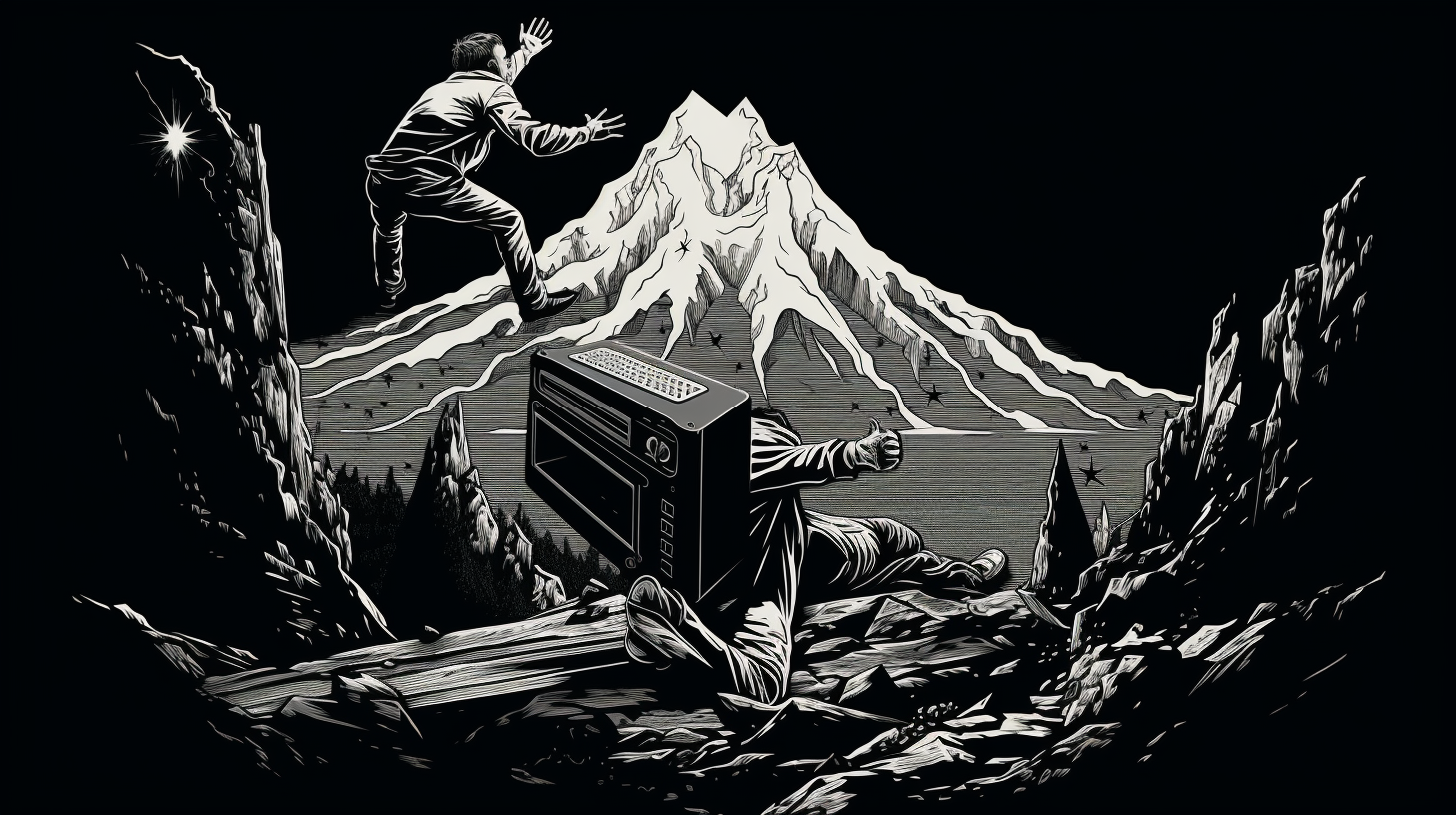 Black and white woodcut style illustration of a man pushing a 80s television up a mountain