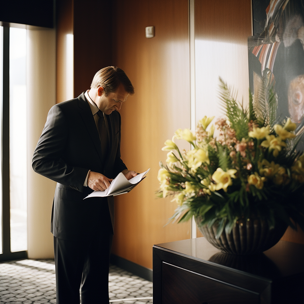 Man in Suit with Box in Hotel Suite