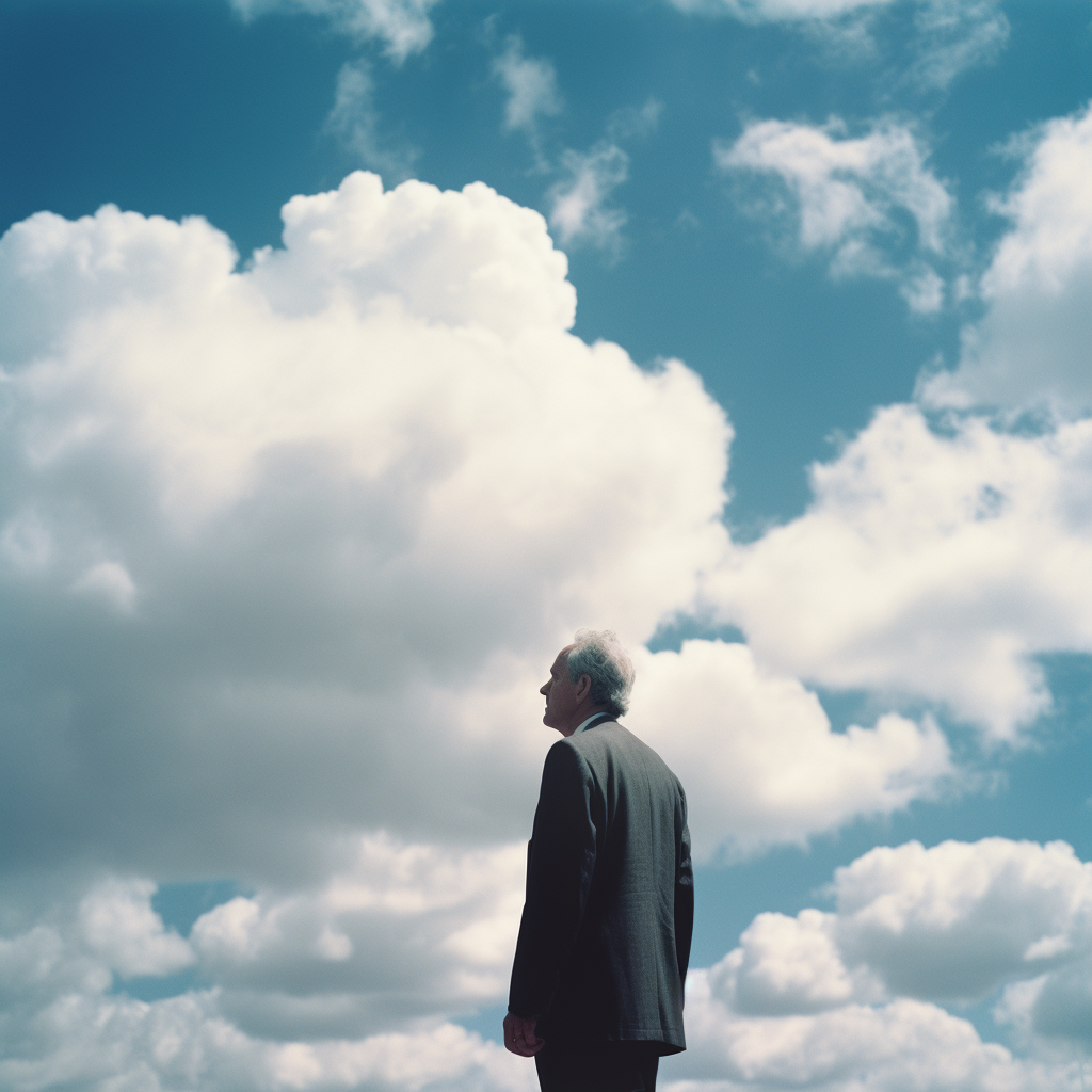 Man falling through blue sky and clouds