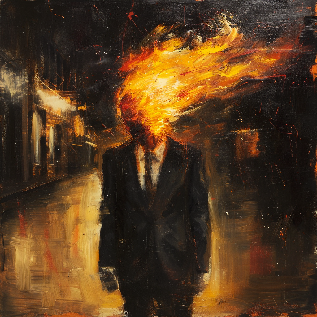 Man in Suit with Head on Fire