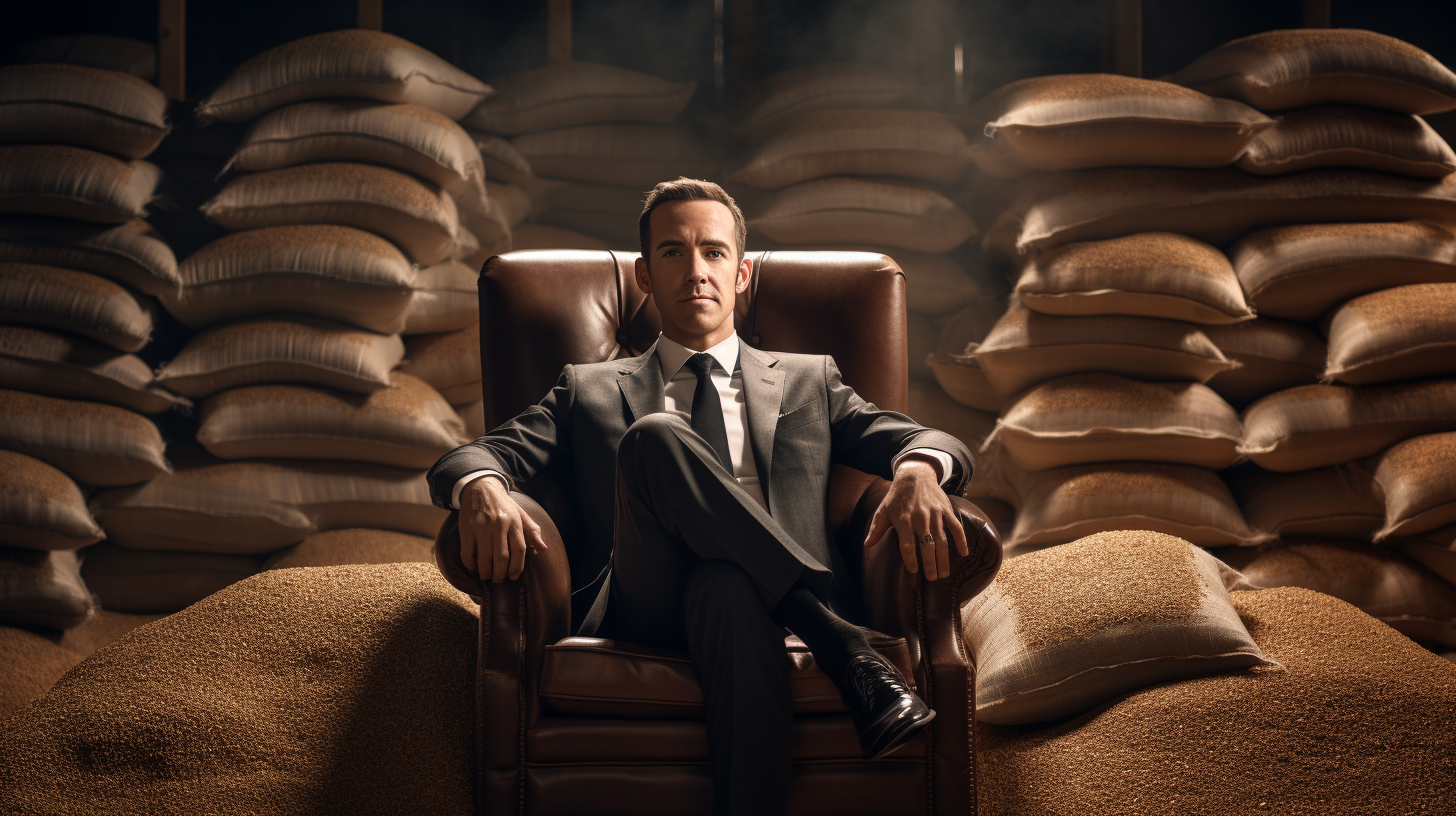 Man in Suit Seating on Chair with Rice Sacks