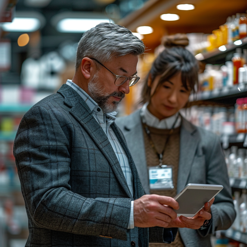 Man in suit showing iPad