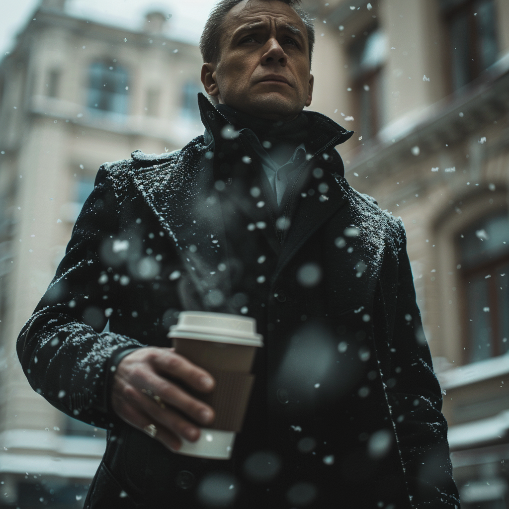 Man in Snow with Hot Coffee