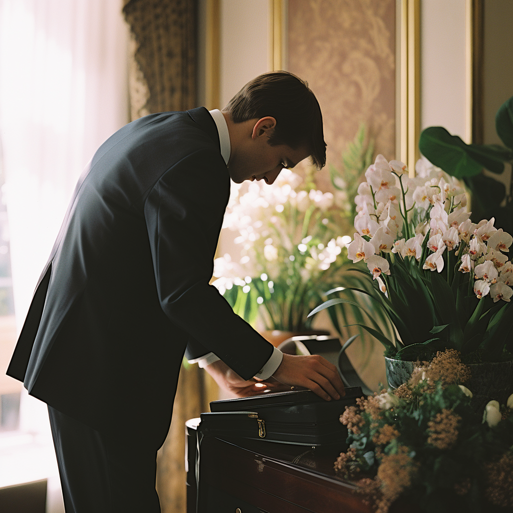 Man suit tucking box into jacket