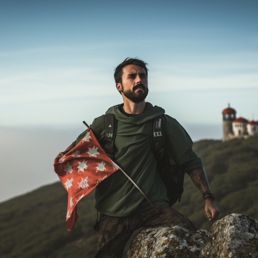 Man triumphantly holding Portugal flag on summit