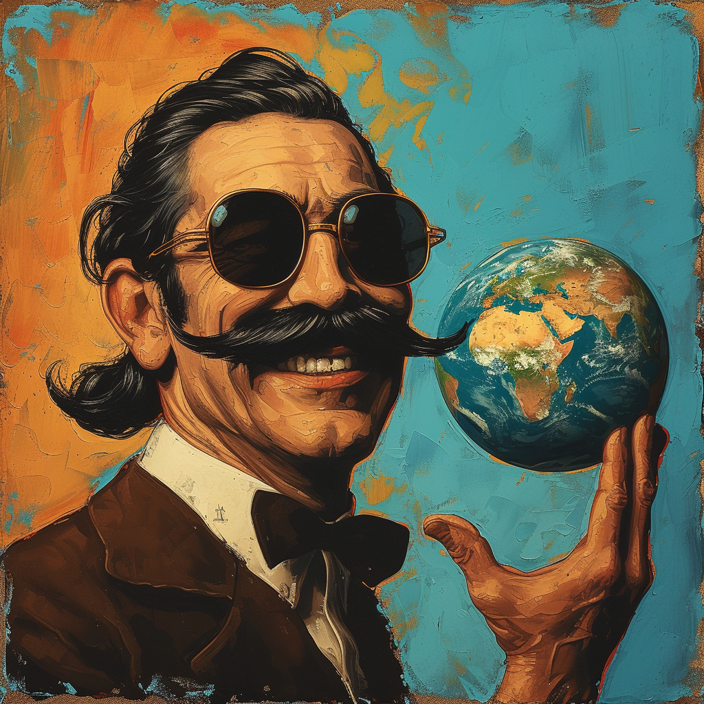 Man with sunglasses and black mustache holding Earth