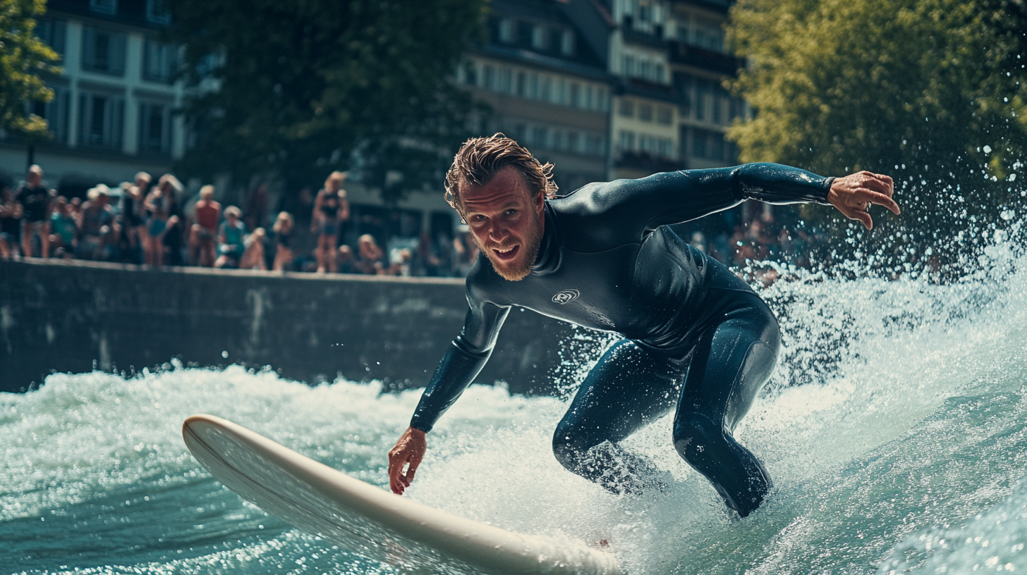 man surfing river in Thun, wearing wetsuit, summer day.