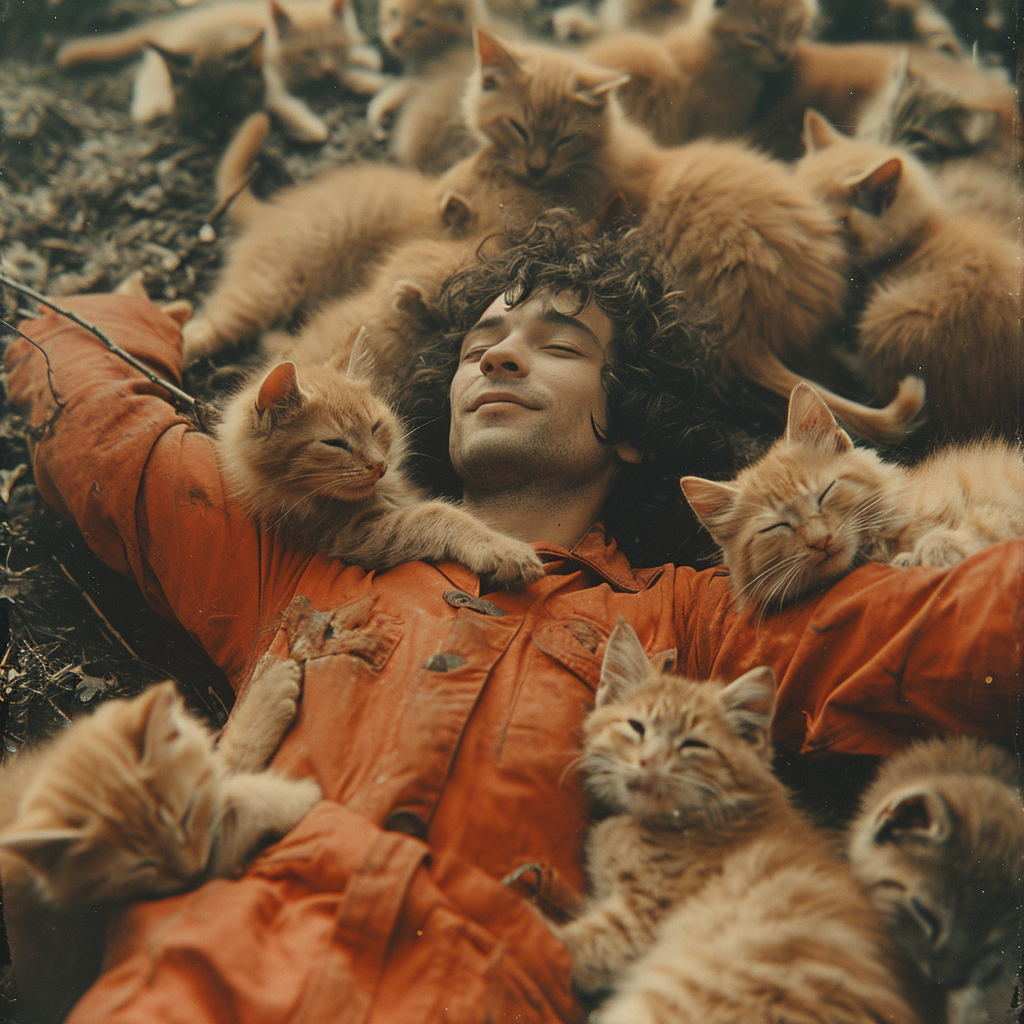 Man enjoying cuddles from many cats