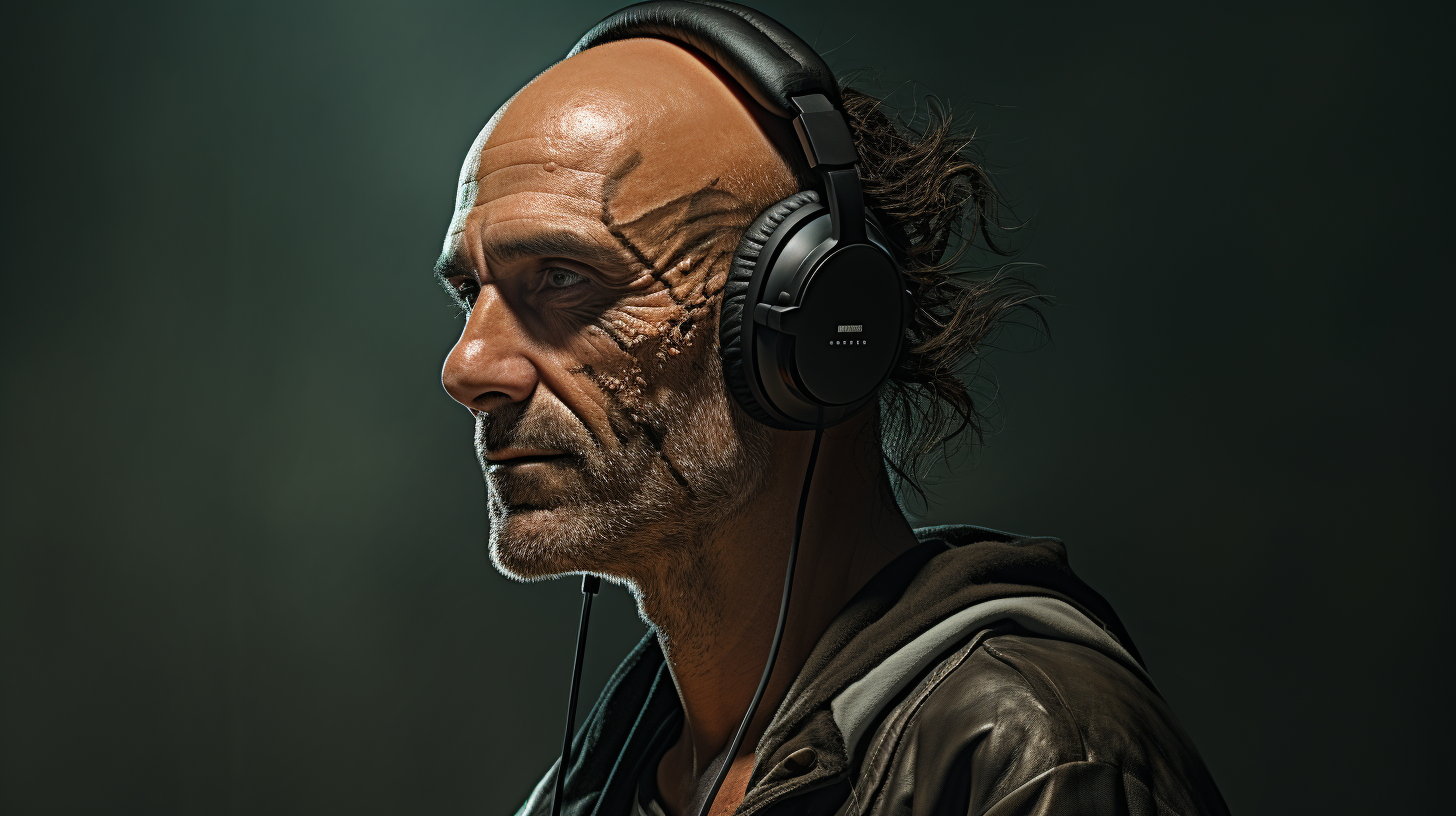 Man Wearing Old Headphones with Tears