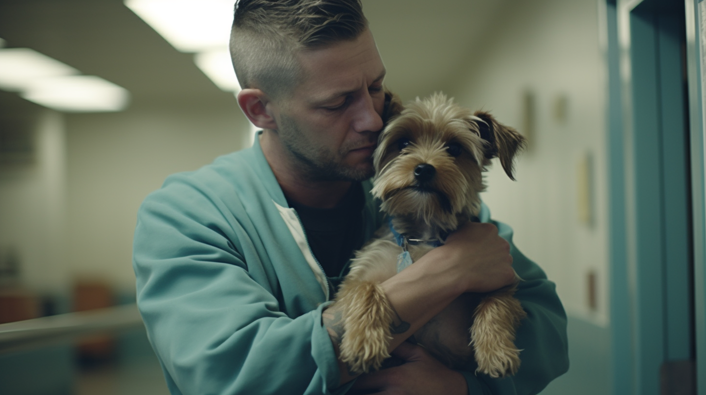 Man holding sick dog in tears