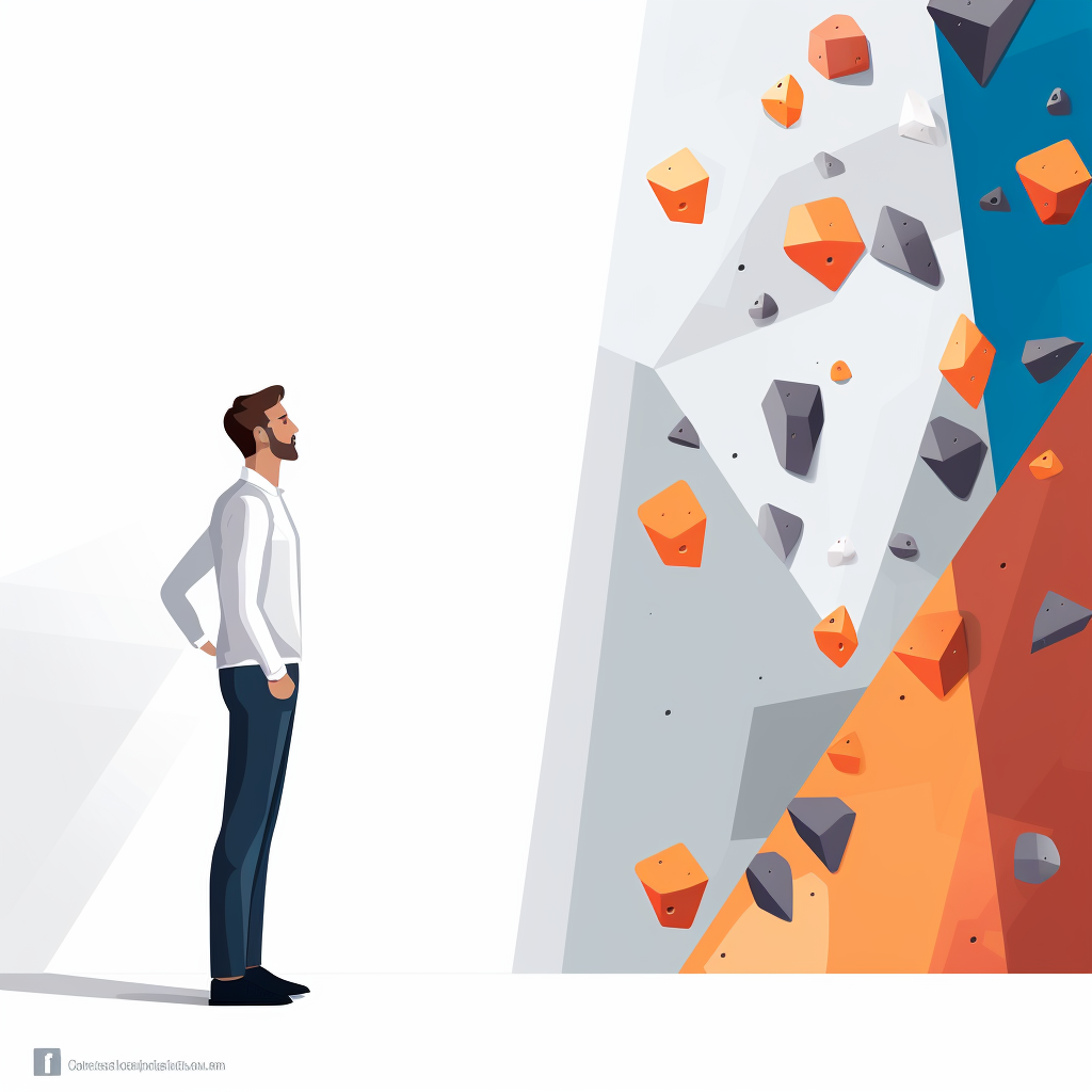 A man contemplating at a climbing wall gym