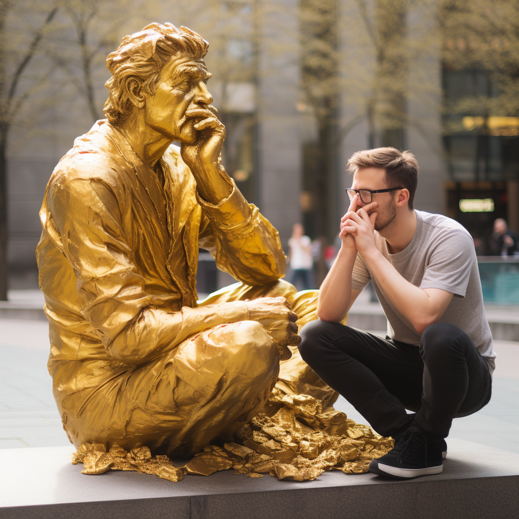 Man eating twinkie while thinking