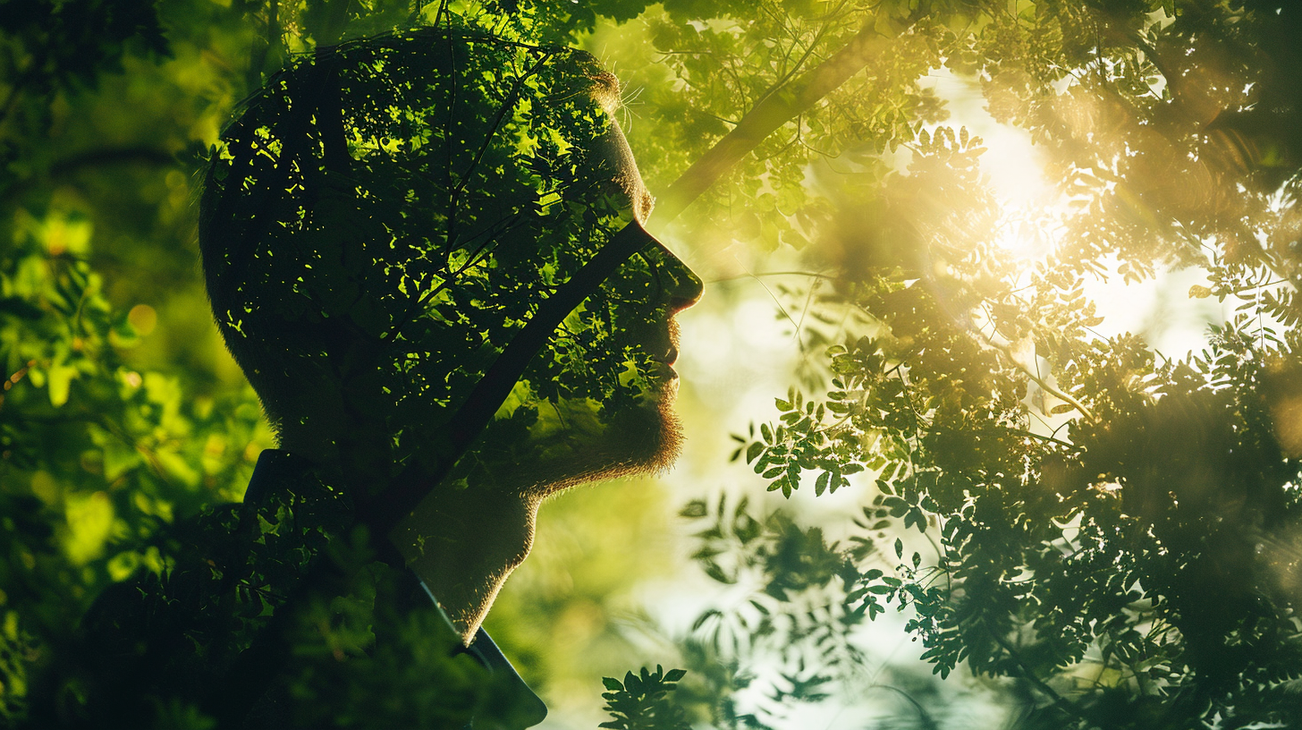 Man thinking about green energy in forest