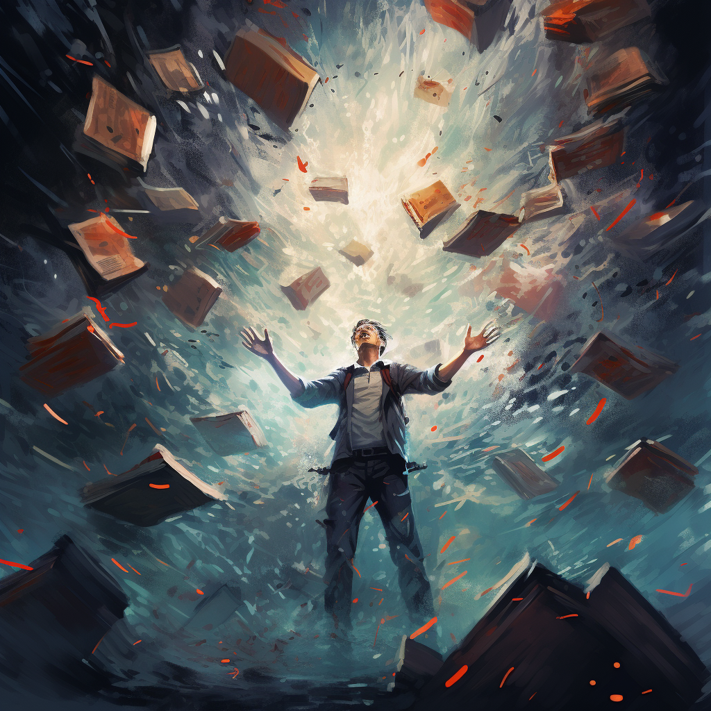 Man throwing books on water with chaos in abstract illustration