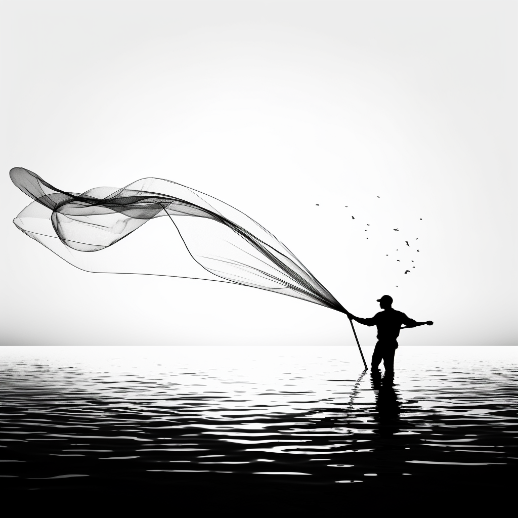 Silhouette of a fisherman casting a net