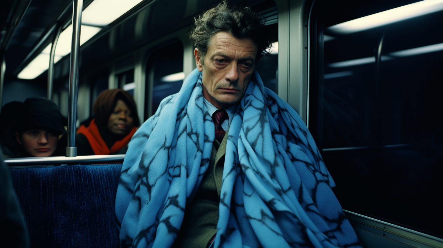 Man wearing blue scarf on train