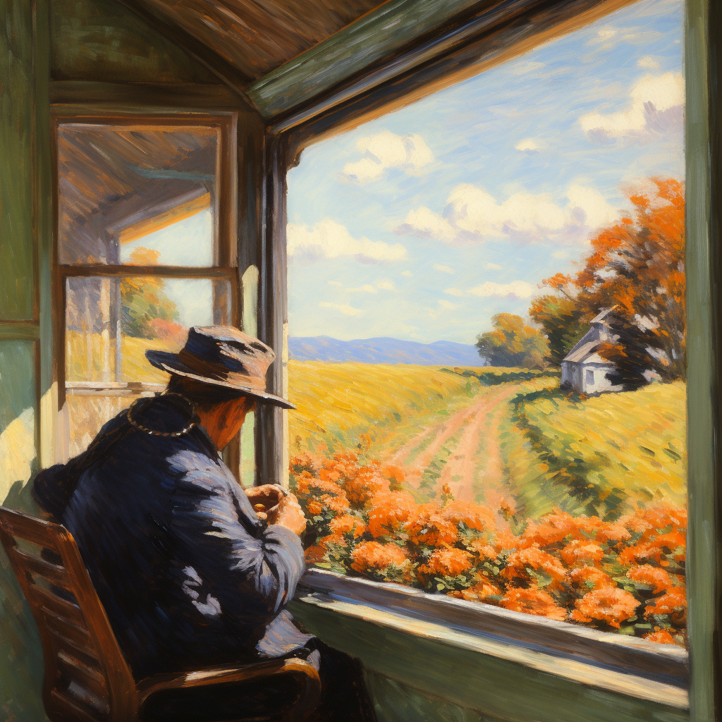 Man watching countryside pass through train window