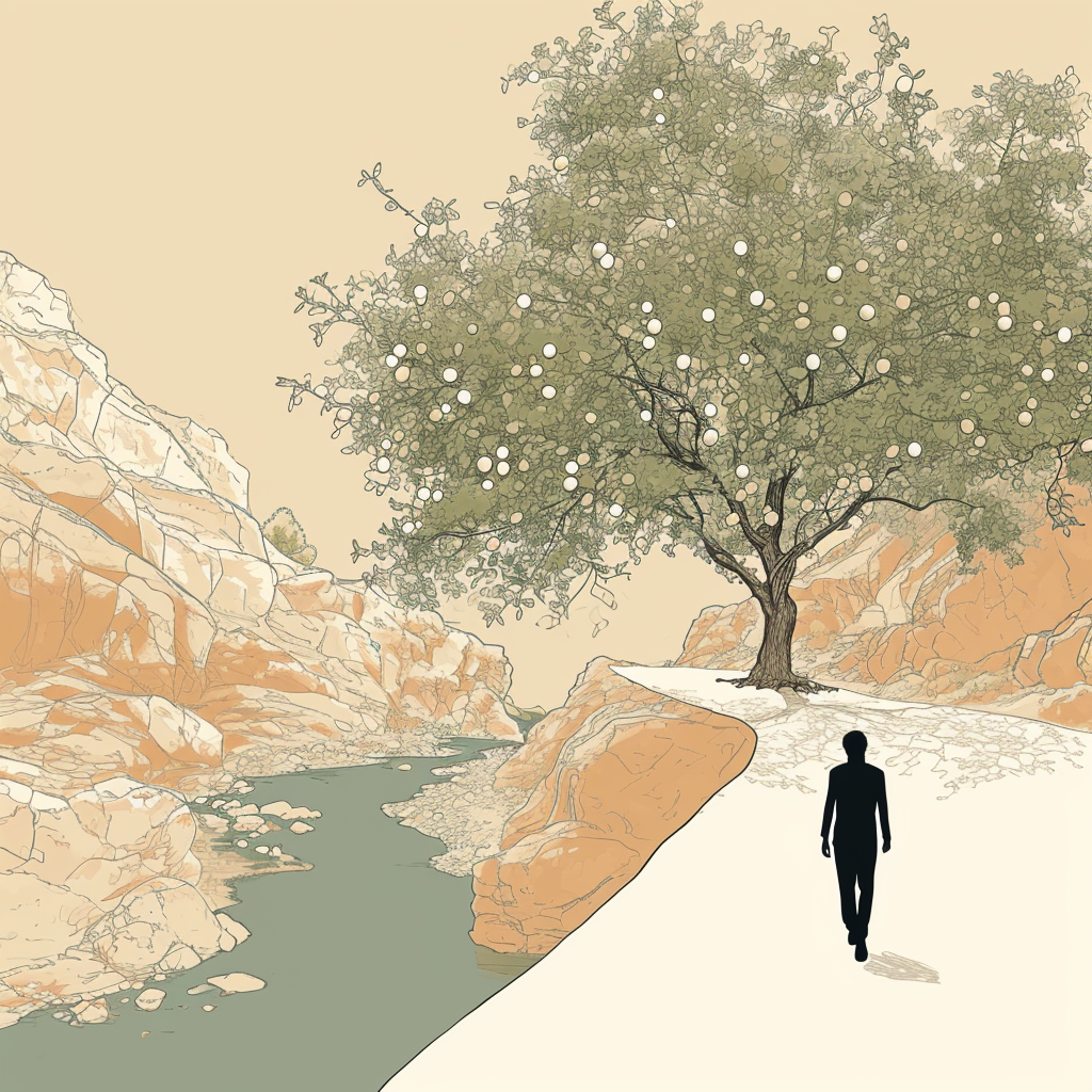 Man walking towards tree with white fruit