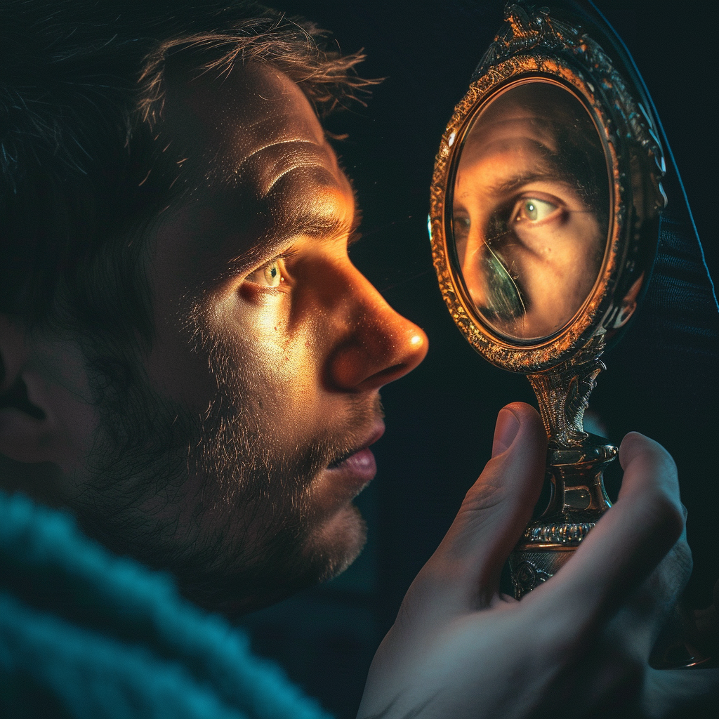 man admiring himself trophy reflection