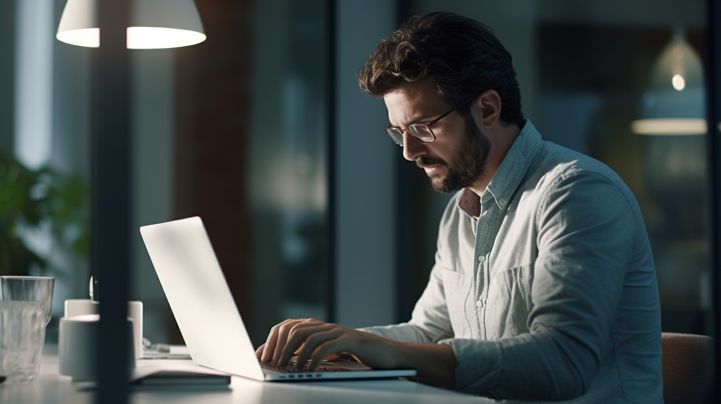 Man typing on laptop in small office