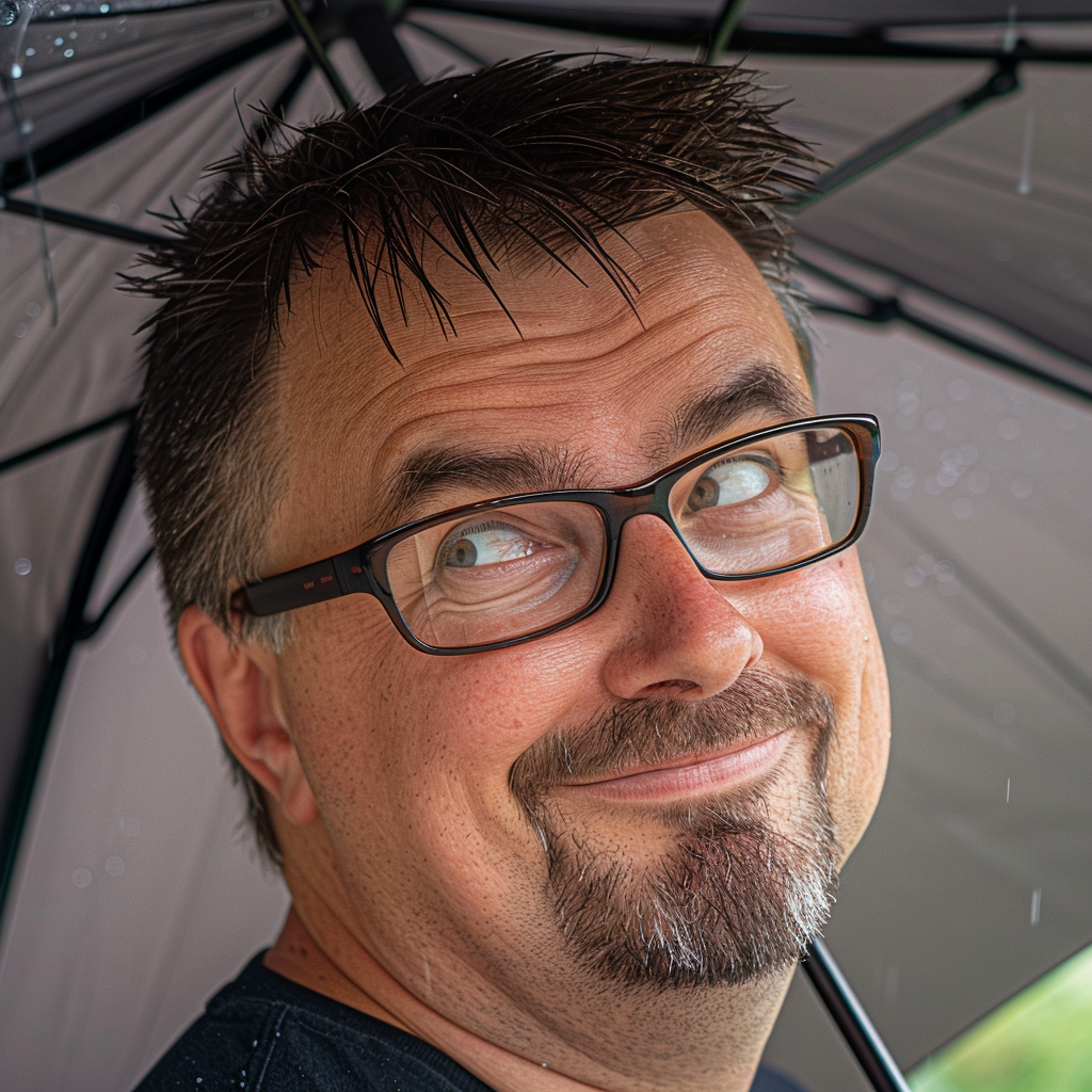 man holding black umbrella smiling