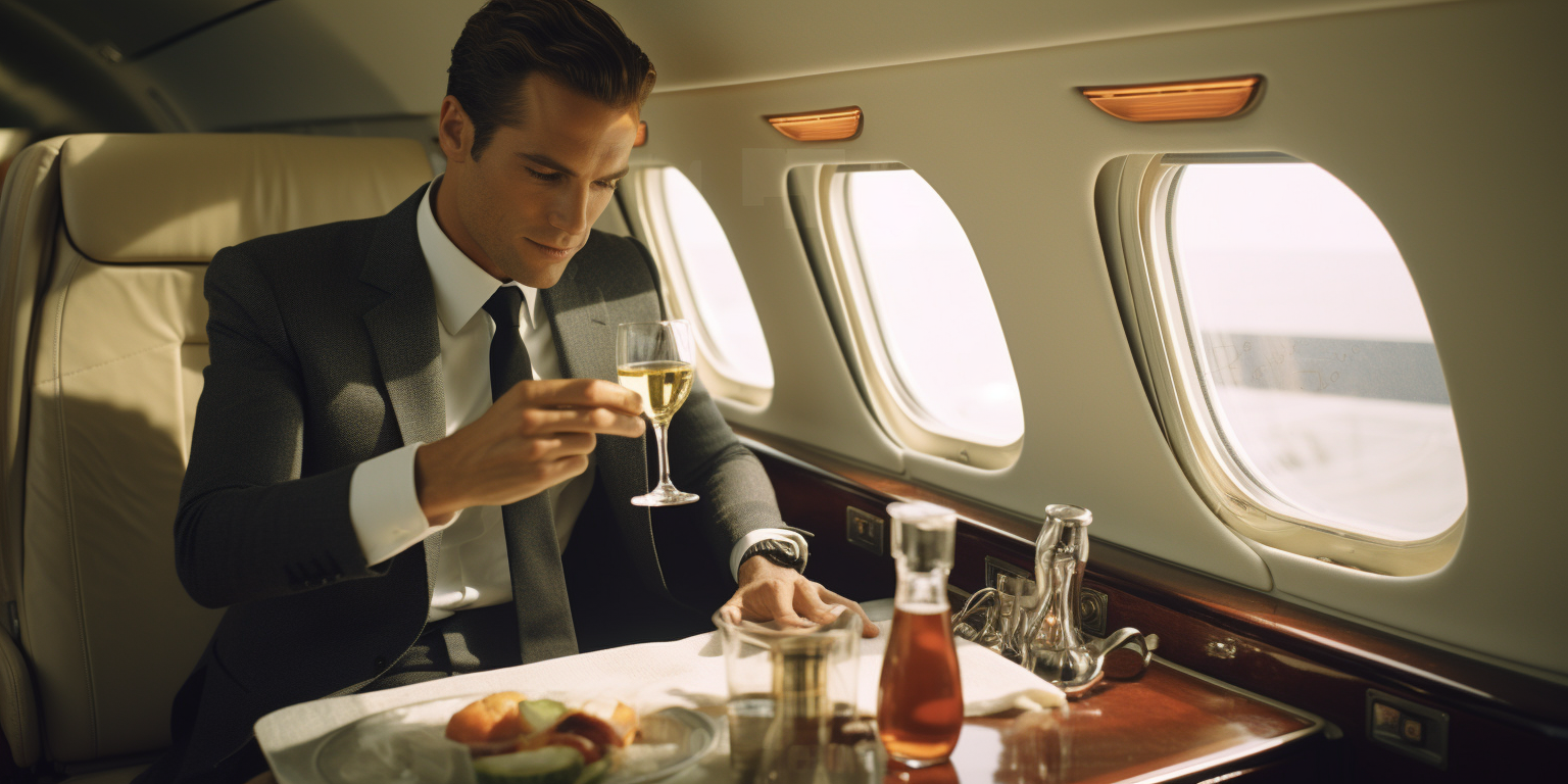 Man uncorking bottle on business jet