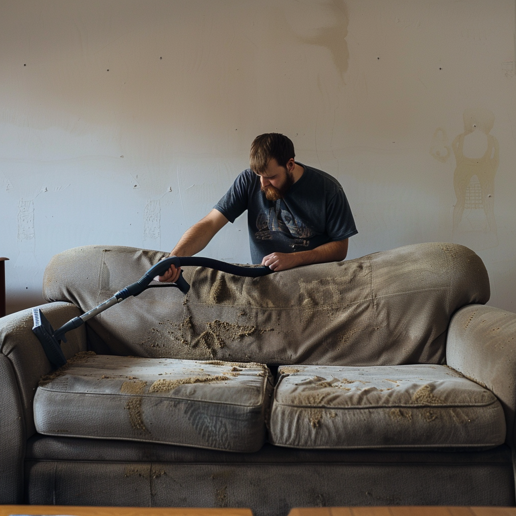 Man Cleaning Dirty Sofa Vacuum