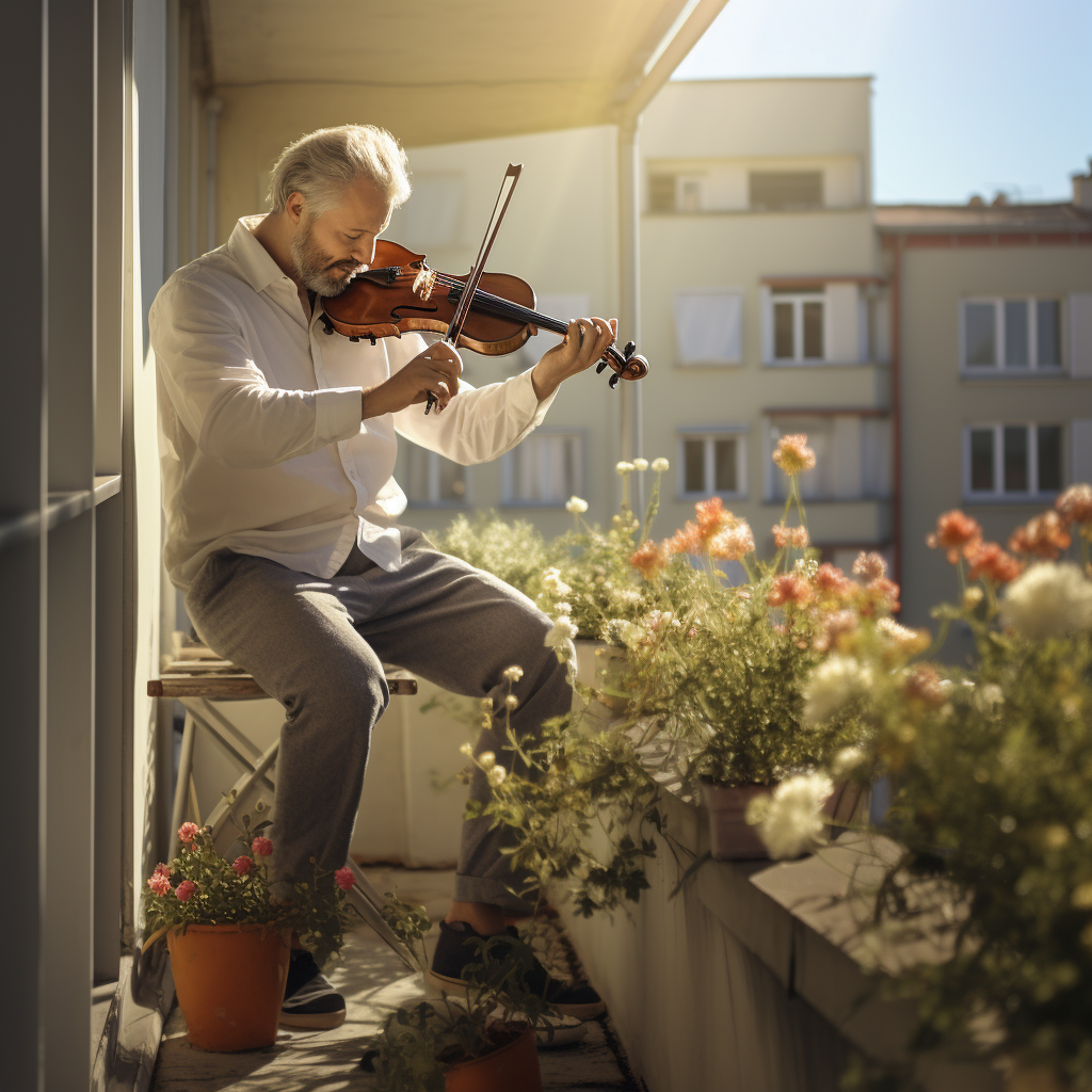 Man playing violin on balcony