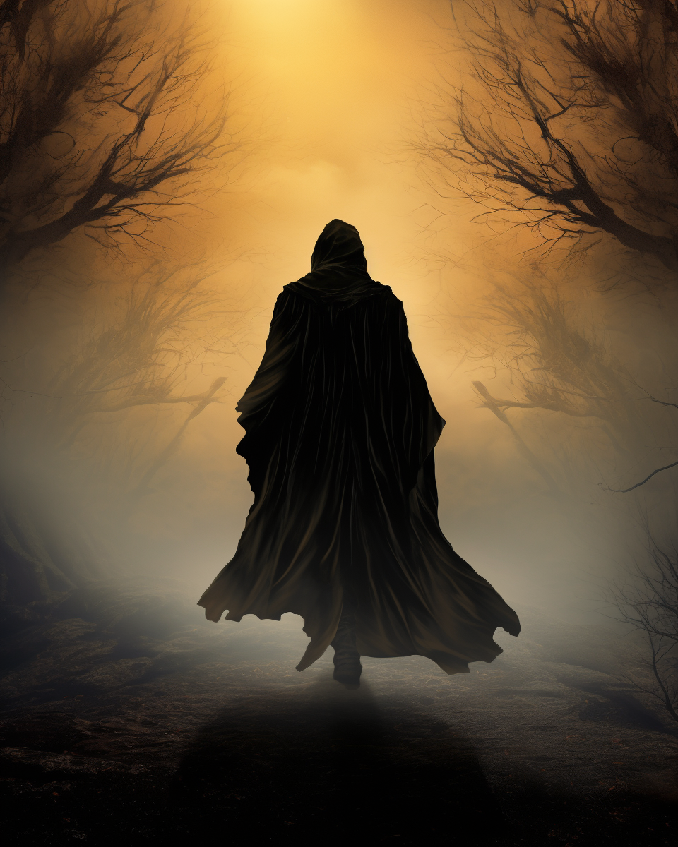 Silhouette of man walking away in travelling cloak