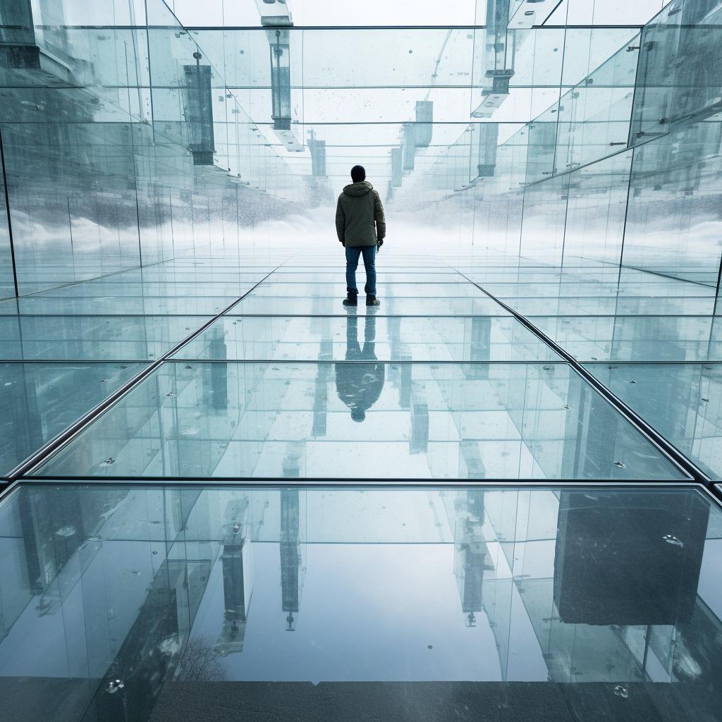 Man walking on glass floor