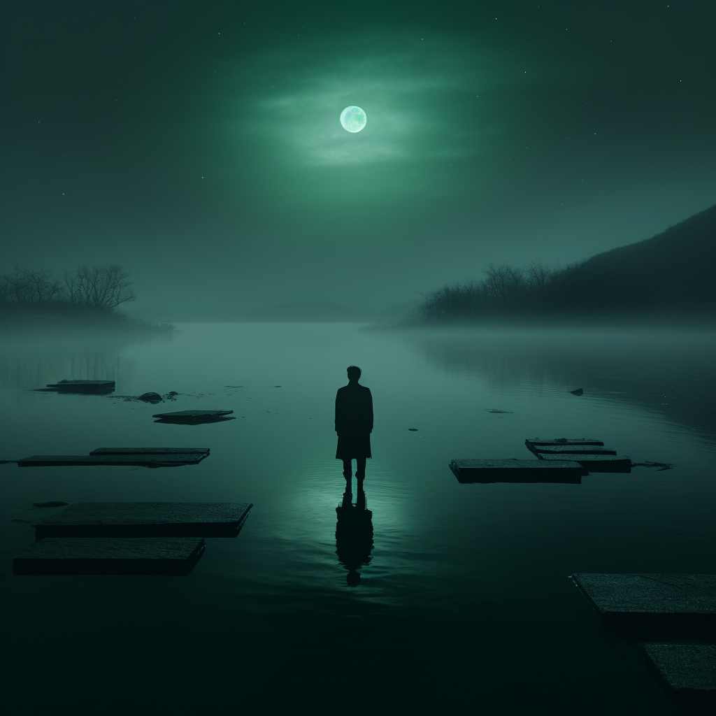 Man Walking in Lake at Night