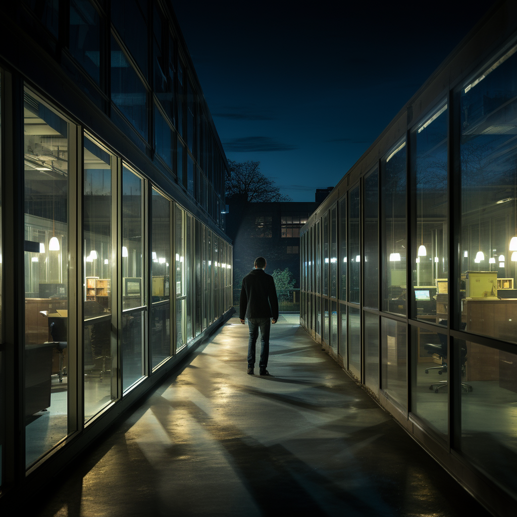 Man walking through glass window classrooms at night